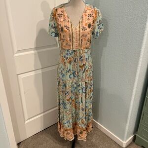 Floral V-Neck Maxi Dress in Peach and Aqua